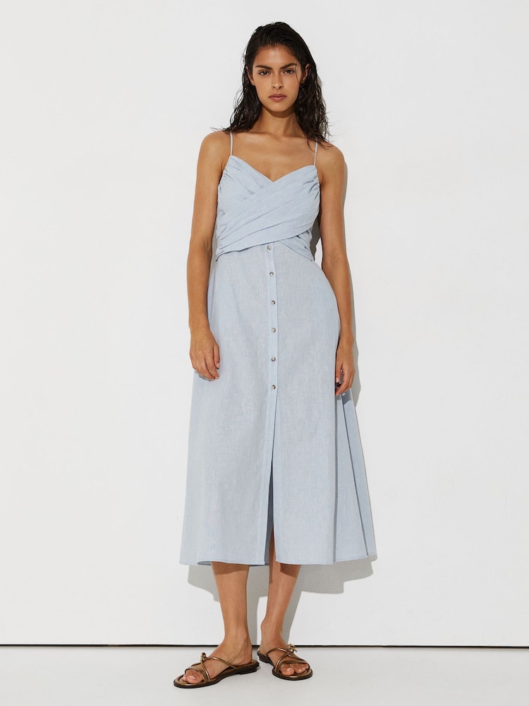 Reiss Pale Blue Karlie Linen-Cotton Draped Midi Beach Dress - Image 1 of 6