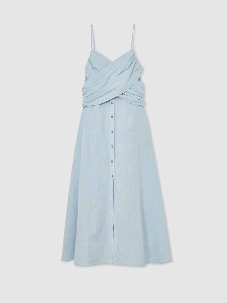 Reiss Pale Blue Karlie Linen-Cotton Draped Midi Beach Dress - Image 2 of 6