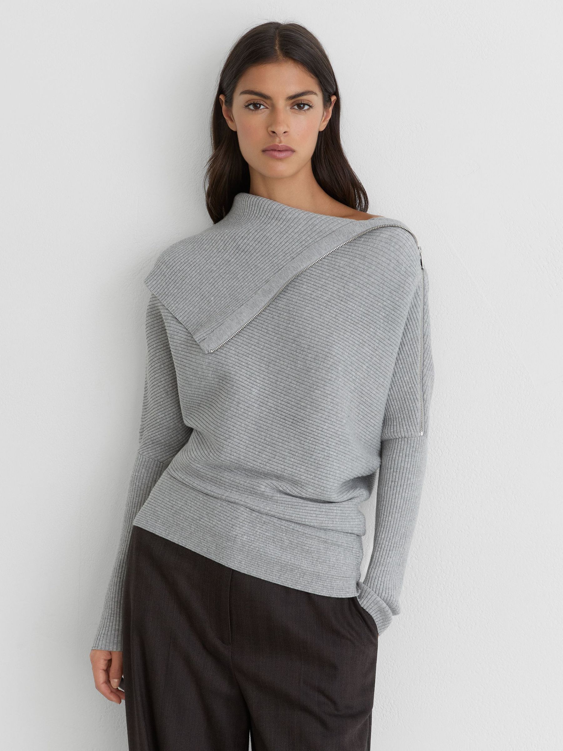 Buy Reiss Grey Marl Leena Asymmetric Zip-Neck Rib-Knit Jumper from