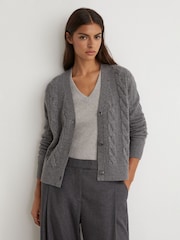 Reiss Charcoal Grey Elowen Wool-Cashmere Cable-Knit Cardigan - Image 1 of 6