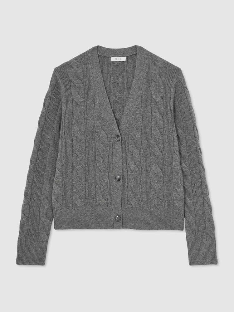 Reiss Charcoal Grey Elowen Wool-Cashmere Cable-Knit Cardigan - Image 2 of 6 Reiss Charcoal Grey Elowen Wool-Cashmere Cable-Knit Cardigan - Image 2 of 6