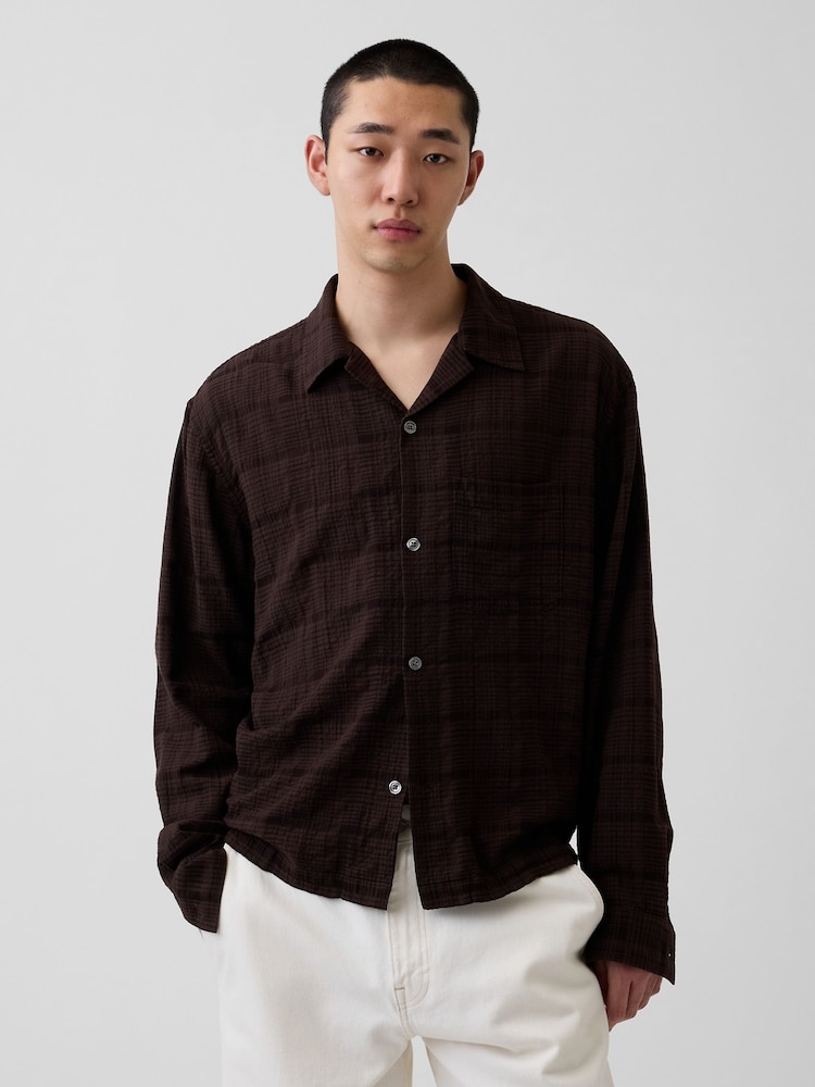 Gap Brown Relaxed Straight-Hem Seersucker Shirt - Image 1 of 3 Gap Brown Relaxed Straight-Hem Seersucker Shirt - Image 1 of 3