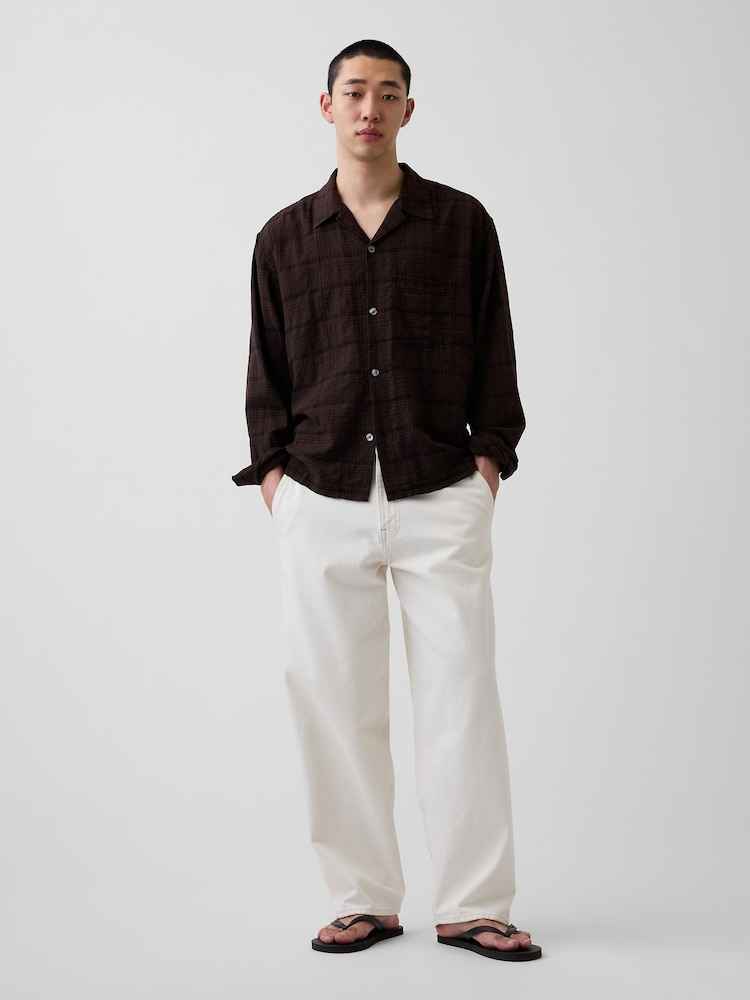 Gap Brown Relaxed Straight-Hem Seersucker Shirt - Image 3 of 3 Gap Brown Relaxed Straight-Hem Seersucker Shirt - Image 3 of 3