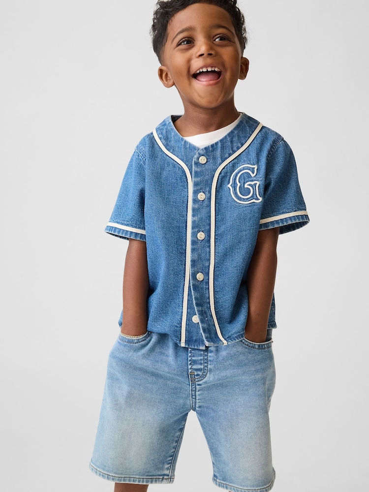 Gap Blue Baby & Toddler Denim Varsity Logo Baseball Shirt (6mths-5yrs) - Image 1 of 4 Gap Blue Baby & Toddler Denim Varsity Logo Baseball Shirt (6mths-5yrs) - Image 1 of 4