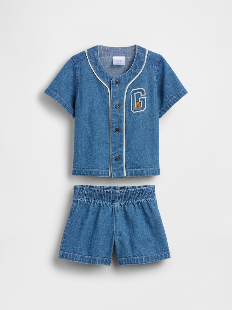 Gap Blue Denim Varsity Top & Short Sets (0-24mths) - Image 1 of 3 Gap Blue Denim Varsity Top & Short Sets (0-24mths) - Image 1 of 3