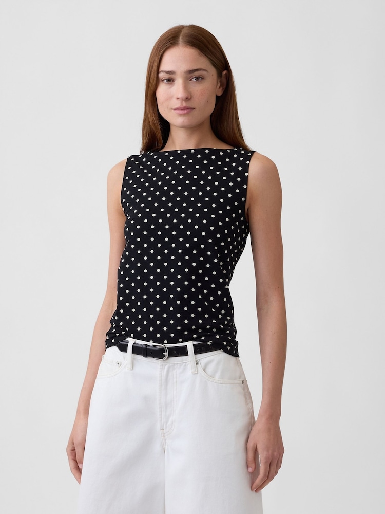 Gap Black Polka Dot Boatneck Vest Top - Image 1 of 5 Gap Black Polka Dot Boatneck Vest Top - Image 1 of 5