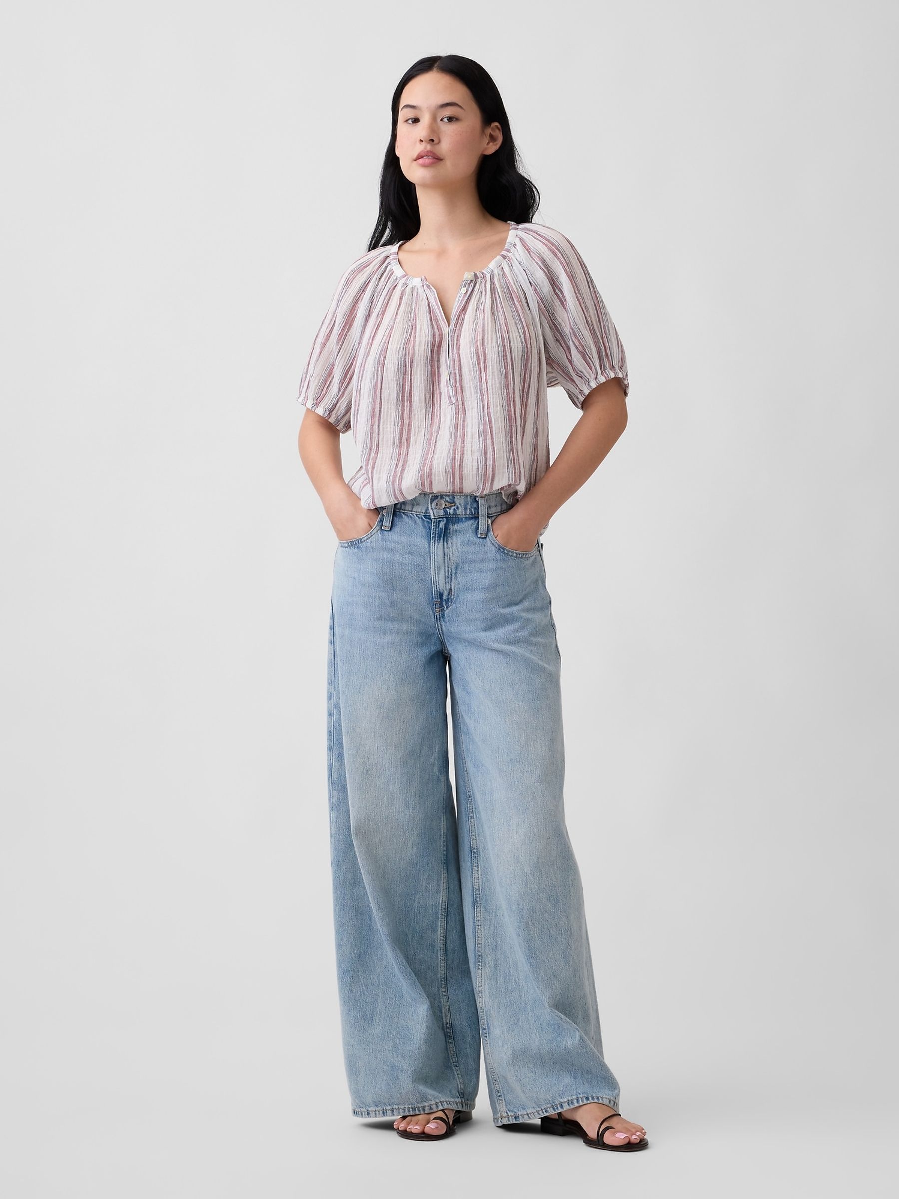 Buy Gap Cream/Pink stripe Oversized Puff Sleeve Top from Next Iceland