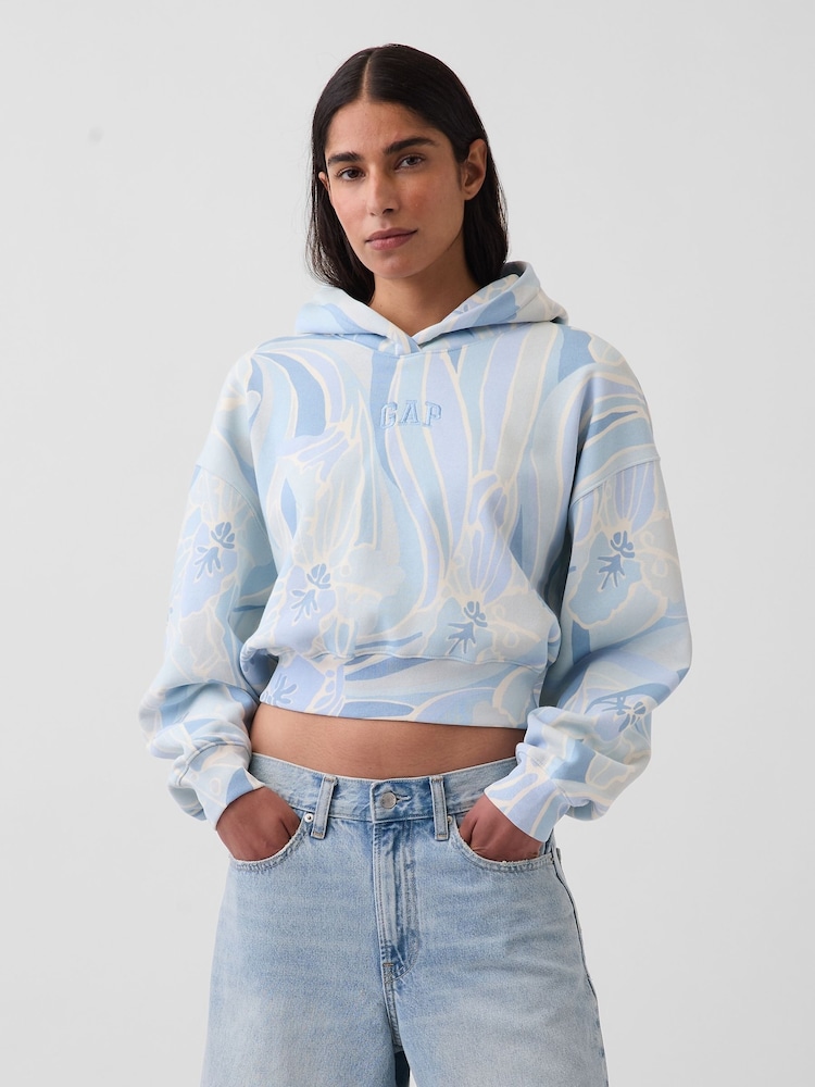 Gap Blue Print VintageSoft Crop Logo Hoodie - Image 1 of 4 Gap Blue Print VintageSoft Crop Logo Hoodie - Image 1 of 4