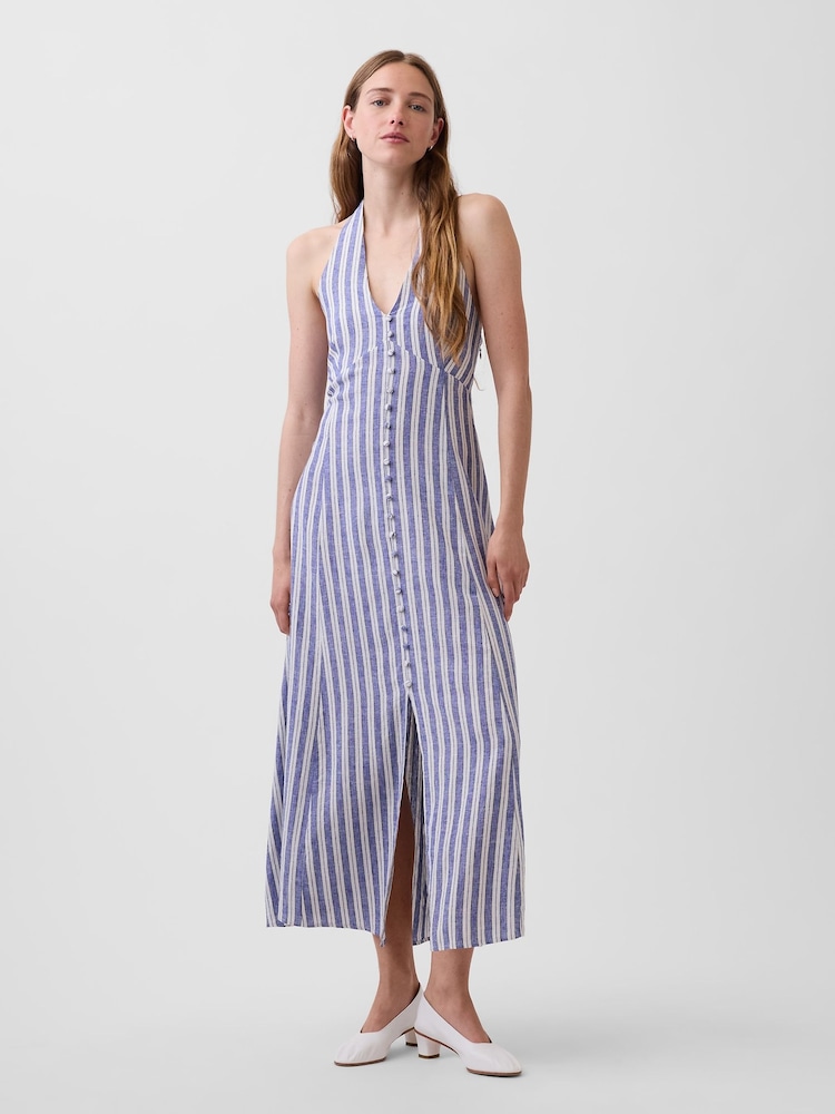 Gap Blue Stripe Linen-Blend Halter Maxi Dress - Image 1 of 5