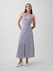 Gap Blue Stripe Linen-Blend Halter Maxi Dress - Image 4 of 5