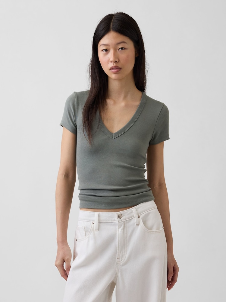 Gap Khaki Green Modern V-Neck Short Sleeve T-Shirt - Image 1 of 3