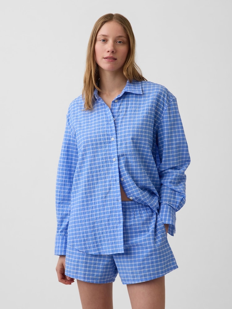 Gap Blue Check Seersucker Check Oversized Shirt - Image 1 of 3