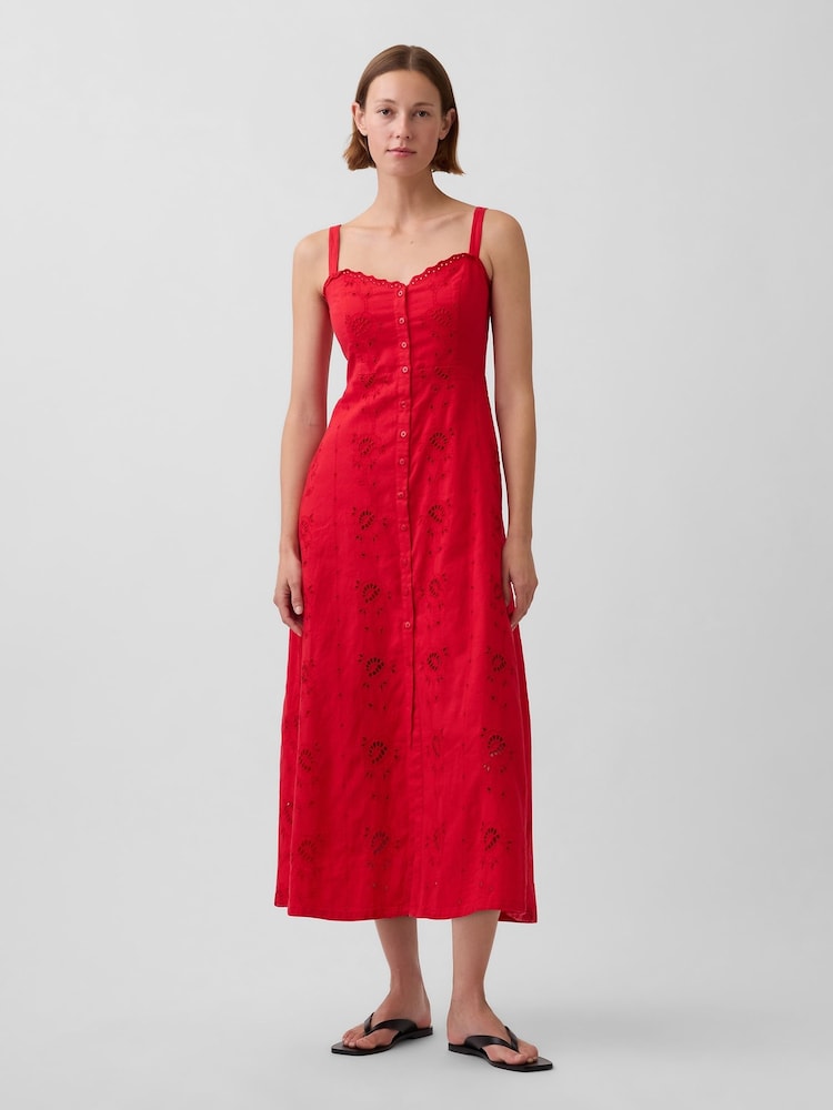 Gap Red Linen-Blend Embroidered Button-Front Cami Maxi Dress - Image 1 of 4