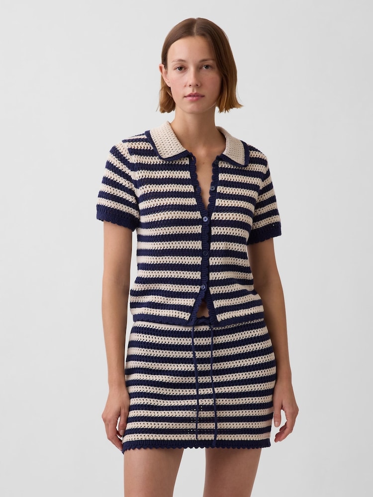Gap Navy stripe Crochet Relaxed Knitted Short Sleeve Shirt - Image 1 of 4