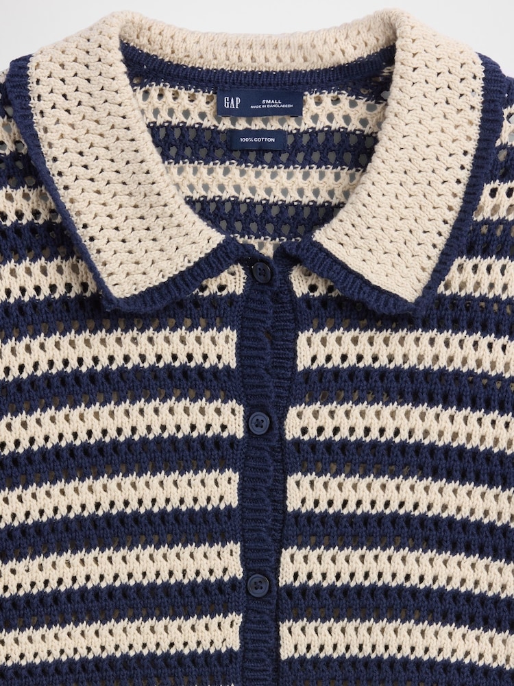 Gap Navy stripe Crochet Relaxed Knitted Short Sleeve Shirt - Image 4 of 4