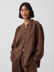 Gap Brown Cotton Gauze Oversized Collarless Shirt - Image 1 of 4