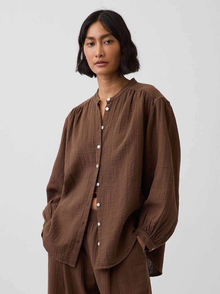 Gap Brown Cotton Gauze Oversized Collarless Shirt - Image 1 of 4 Gap Brown Cotton Gauze Oversized Collarless Shirt - Image 1 of 4