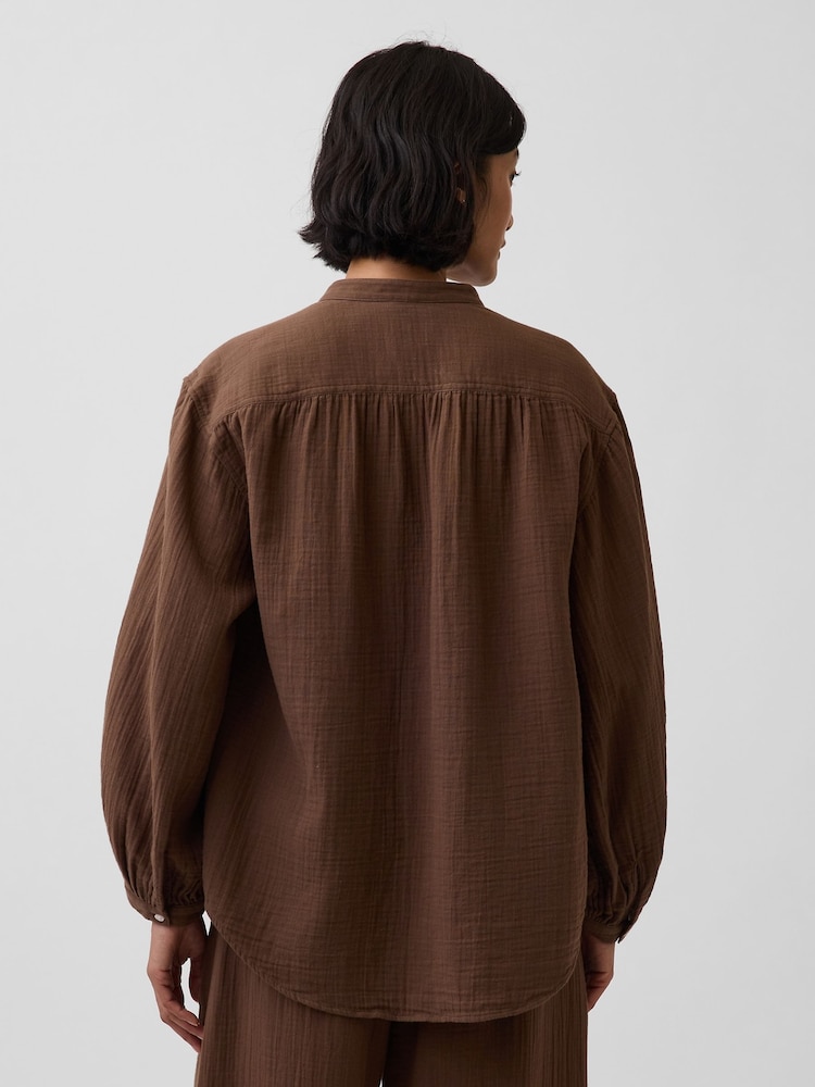 Gap Brown Cotton Gauze Oversized Collarless Shirt - Image 2 of 4 Gap Brown Cotton Gauze Oversized Collarless Shirt - Image 2 of 4