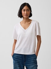 Gap White Linen-Blend Relaxed V-Neck T-Shirt - Image 1 of 4