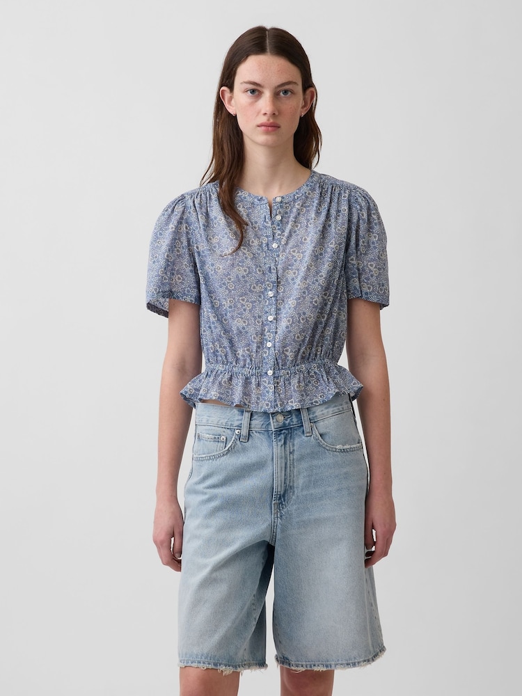 Gap Blue Floral Button-Front Crop Short Sleeve Peplum Top - Image 1 of 4 Gap Blue Floral Button-Front Crop Short Sleeve Peplum Top - Image 1 of 4