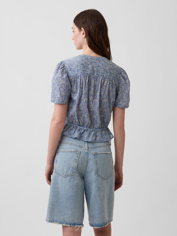 Gap Blue Floral Button-Front Crop Short Sleeve Peplum Top - Image 2 of 4 Gap Blue Floral Button-Front Crop Short Sleeve Peplum Top - Image 2 of 4