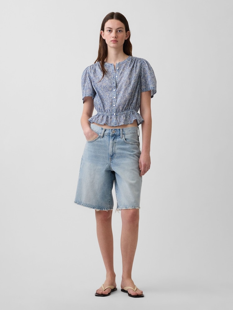 Gap Blue Floral Button-Front Crop Short Sleeve Peplum Top - Image 4 of 4 Gap Blue Floral Button-Front Crop Short Sleeve Peplum Top - Image 4 of 4