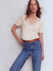 Boden Cream Tara Lace Trim Linen T-shirt - Image 1 of 5