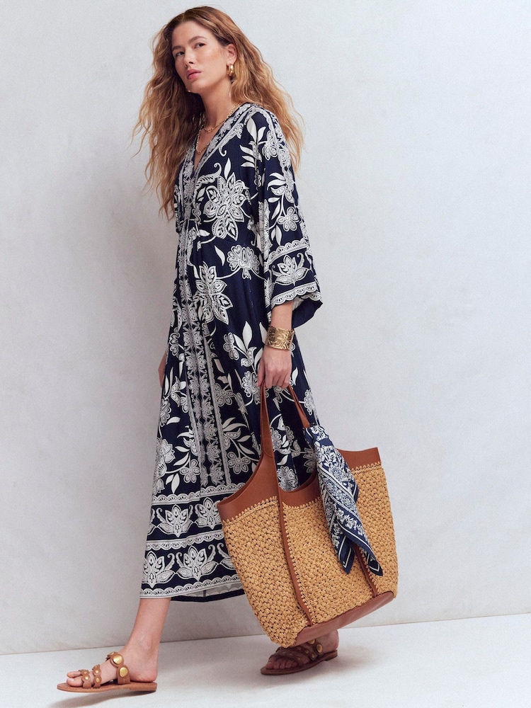 Boden Navy Elegant Blossom Nell Kimono Midi Jersey Dress - Image 1 of 7