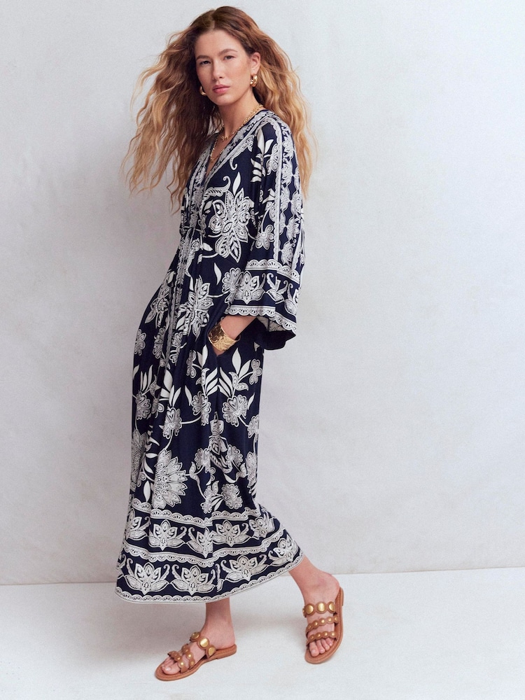 Boden Navy Elegant Blossom Nell Kimono Midi Jersey Dress - Image 2 of 7