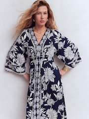 Boden Navy Elegant Blossom Nell Kimono Midi Jersey Dress - Image 4 of 7