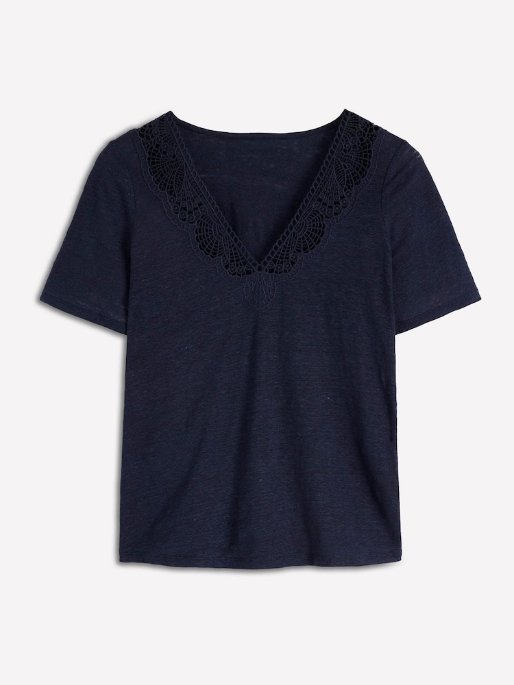 Boden Blue Tara Lace Trim Linen T-Shirt - Image 6 of 6