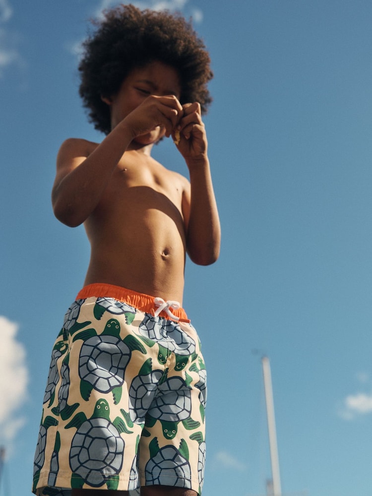 Boden White Calico Turtles Geo Swim Shorts - Image 1 of 4 Boden White Calico Turtles Geo Swim Shorts - Image 1 of 4