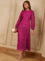 Love & Roses Pink Long Sleeve Lace Midi Dress - Image 1 of 5