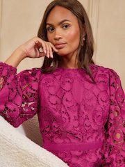 Love & Roses Pink Long Sleeve Lace Midi Dress - Image 2 of 5