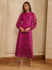 Love & Roses Pink Long Sleeve Lace Midi Dress - Image 5 of 5