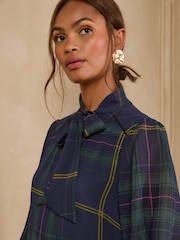 Love & Roses Blue Check Chiffon Tie Neck Mini Dress - Image 2 of 4