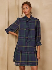 Love & Roses Blue Check Chiffon Tie Neck Mini Dress - Image 3 of 4