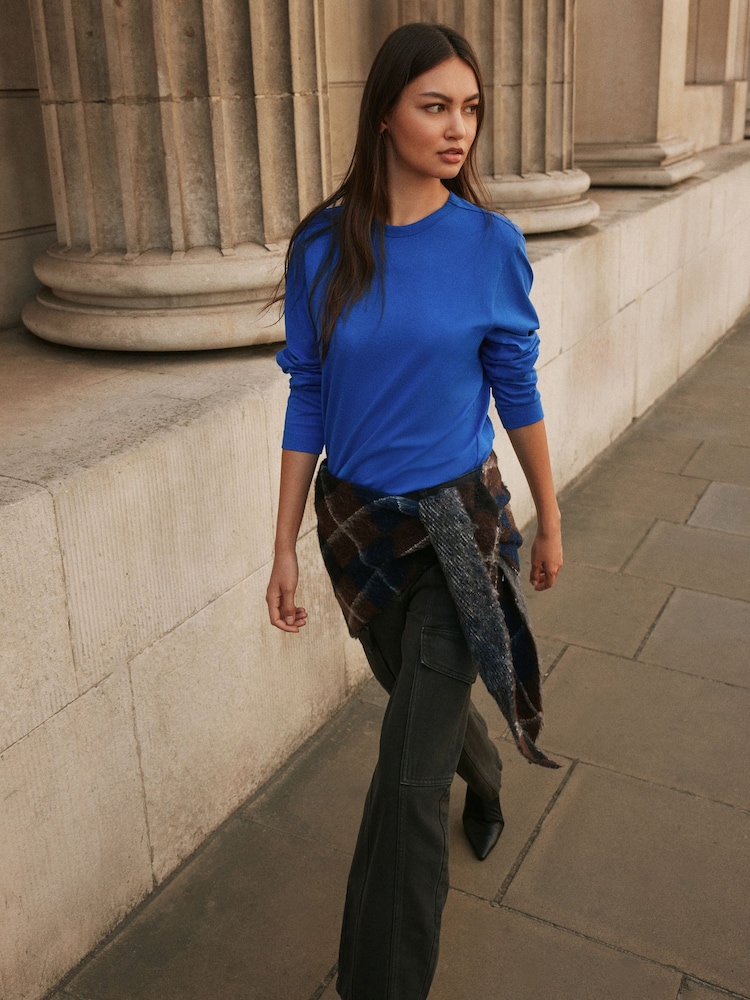 Cobalt Blue Long Sleeve Crew Neck T-Shirt - Image 2 of 5 Cobalt Blue Long Sleeve Crew Neck T-Shirt - Image 2 of 5