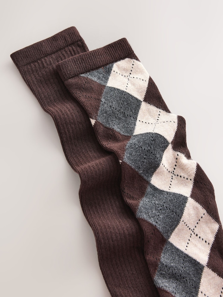 Neutral/Chocolate Brown Argyle Pattern Knee High Socks 2 Pack - Image 2 of 5 Neutral/Chocolate Brown Argyle Pattern Knee High Socks 2 Pack - Image 2 of 5