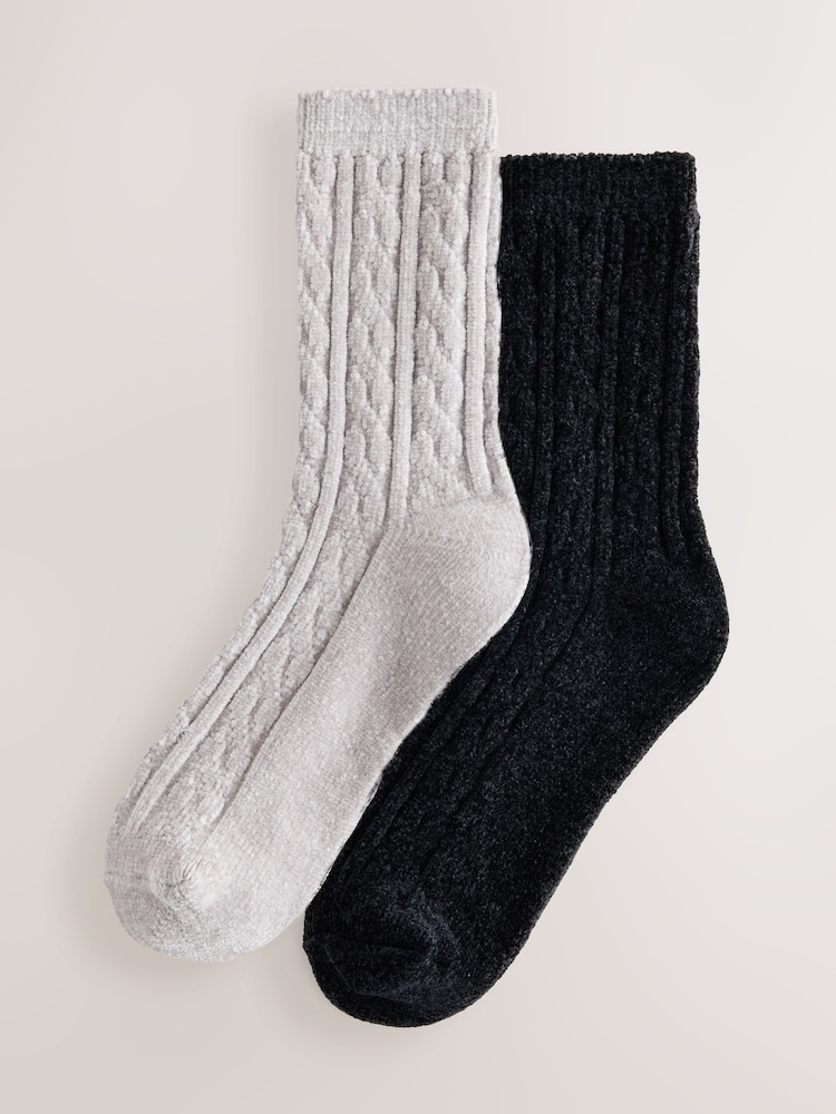 ធ្យូងពណ៌ប្រផេះ - Cable Knit Chenille Cosy Socks 2 Pack - រូបភាព 1 នៃ 5