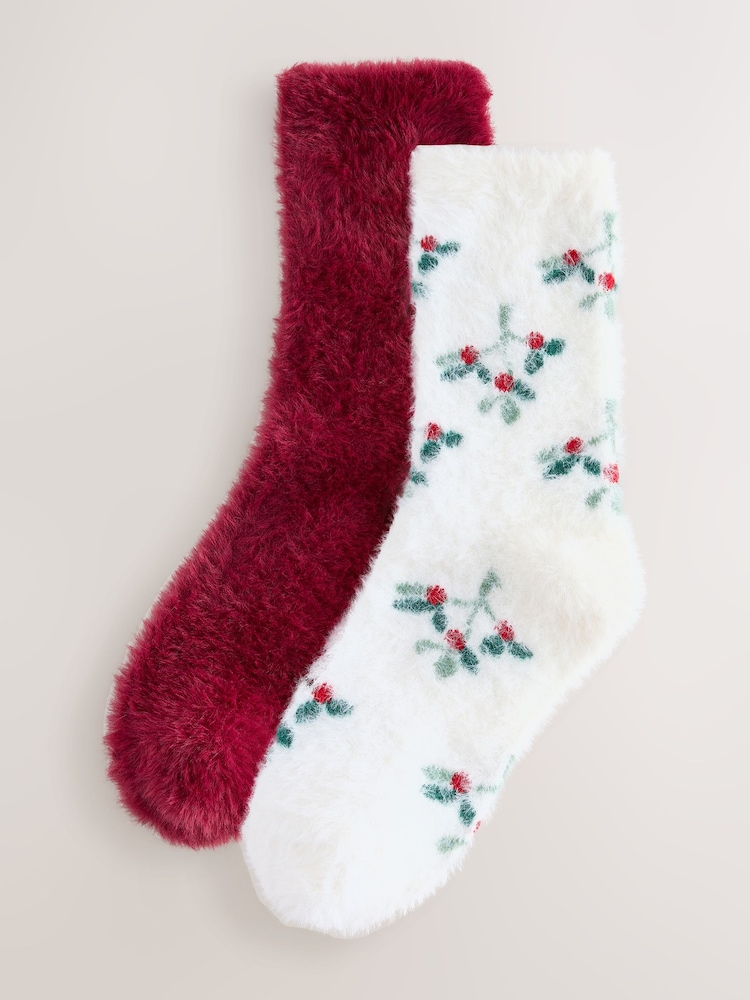 Christmas Mistletoe/Red Super Furry Cosy Socks 2 Pack - Image 1 of 7 Christmas Mistletoe/Red Super Furry Cosy Socks 2 Pack - Image 1 of 7