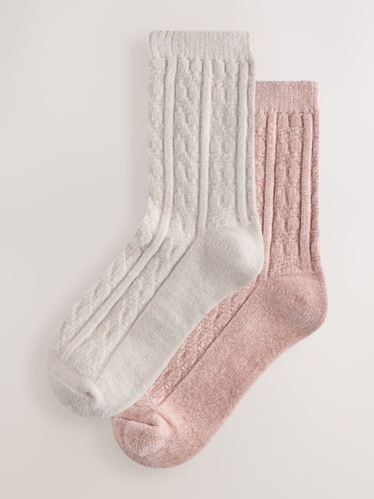 Rose Pink/Cream - Cable Knit Chenille Cosy Socks 2 Pack - រូបភាព 1 នៃ 5