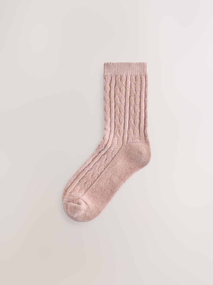 Rose Pink/Cream - Cable Knit Chenille Cosy Socks 2 Pack - រូបភាព 2 នៃ 5