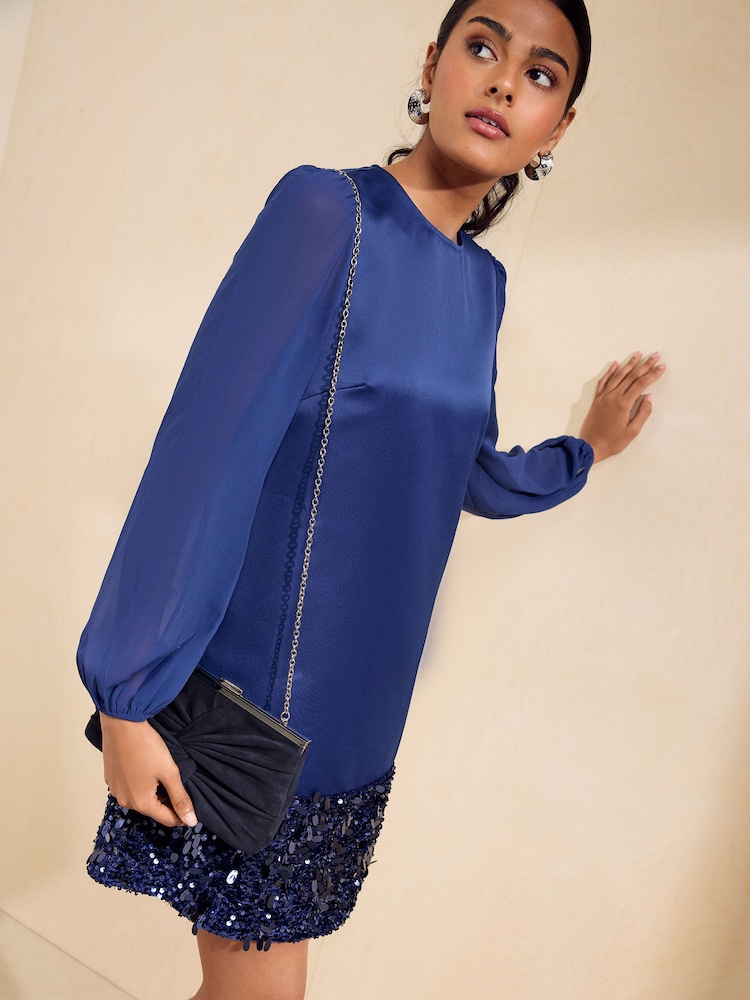 navy blue dress clutch 411-3 CRYSTAL long shimmering dress with a neckline - navy blue