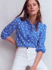 Boden Blue Emily Pom Detail Ruffle Shirt - Image 1 of 5