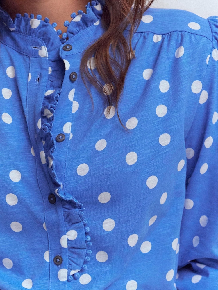 Boden Blue Emily Pom Detail Ruffle Shirt - Image 2 of 5