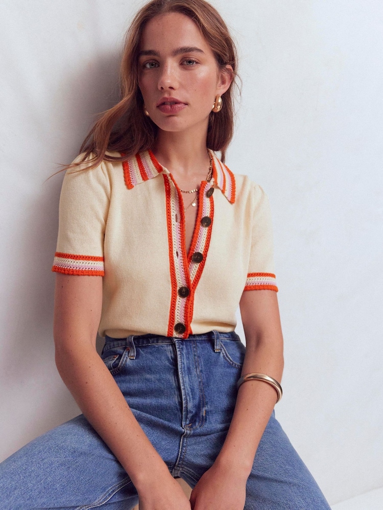 Boden Cream Crochet Trim Cardigan - Image 1 of 7 Boden Cream Crochet Trim Cardigan - Image 1 of 7