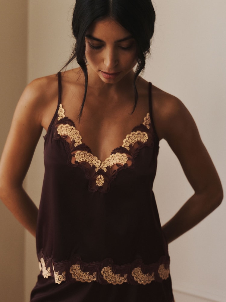 AIYLA Chocolate Brown Swiss Designed Embroidered  Silk Camisole - Image 2 of 10