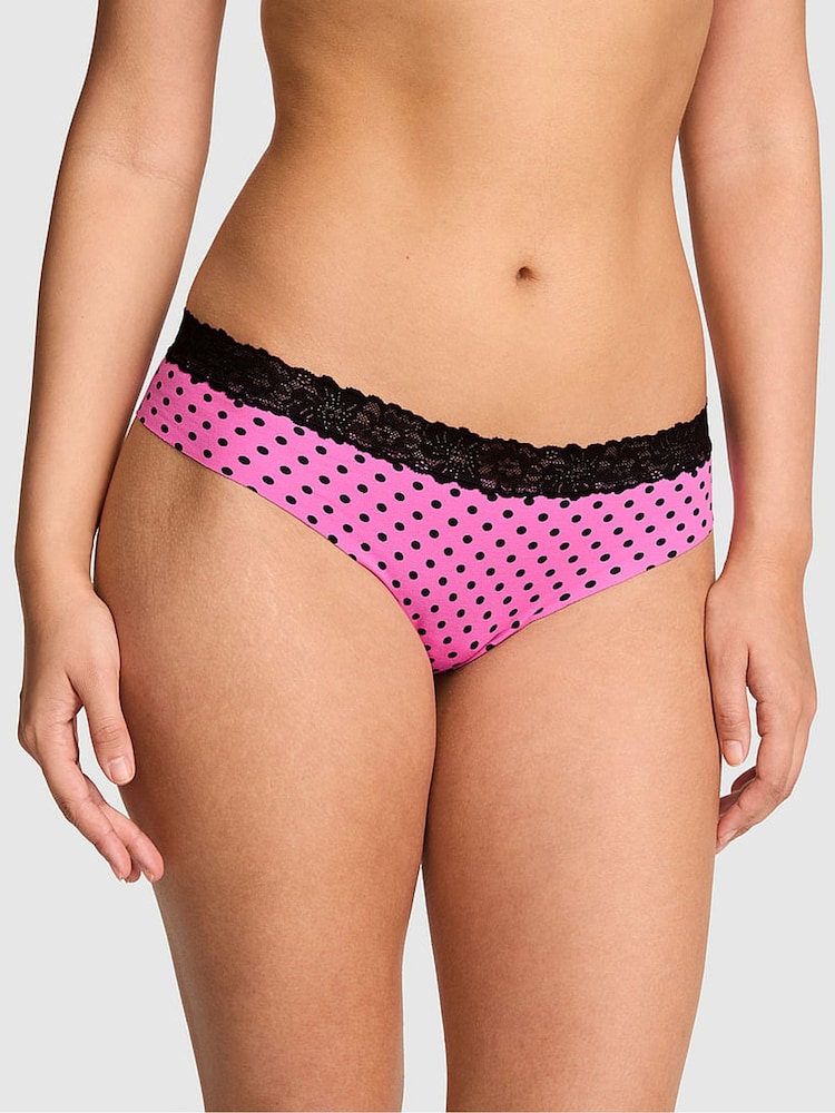 Victoria's Secret Pink Sizzling Strawberry Pink Polka Dots Thong Lace Trim Knickers - Image 1 of 2 Victoria's Secret Pink Sizzling Strawberry Pink Polka Dots Thong Lace Trim Knickers - Image 1 of 2