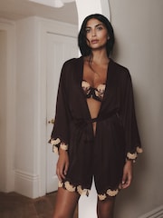 AIYLA Chocolate Brown Swiss Designed Embroidered Short Satin Robe - Image 2 of 5